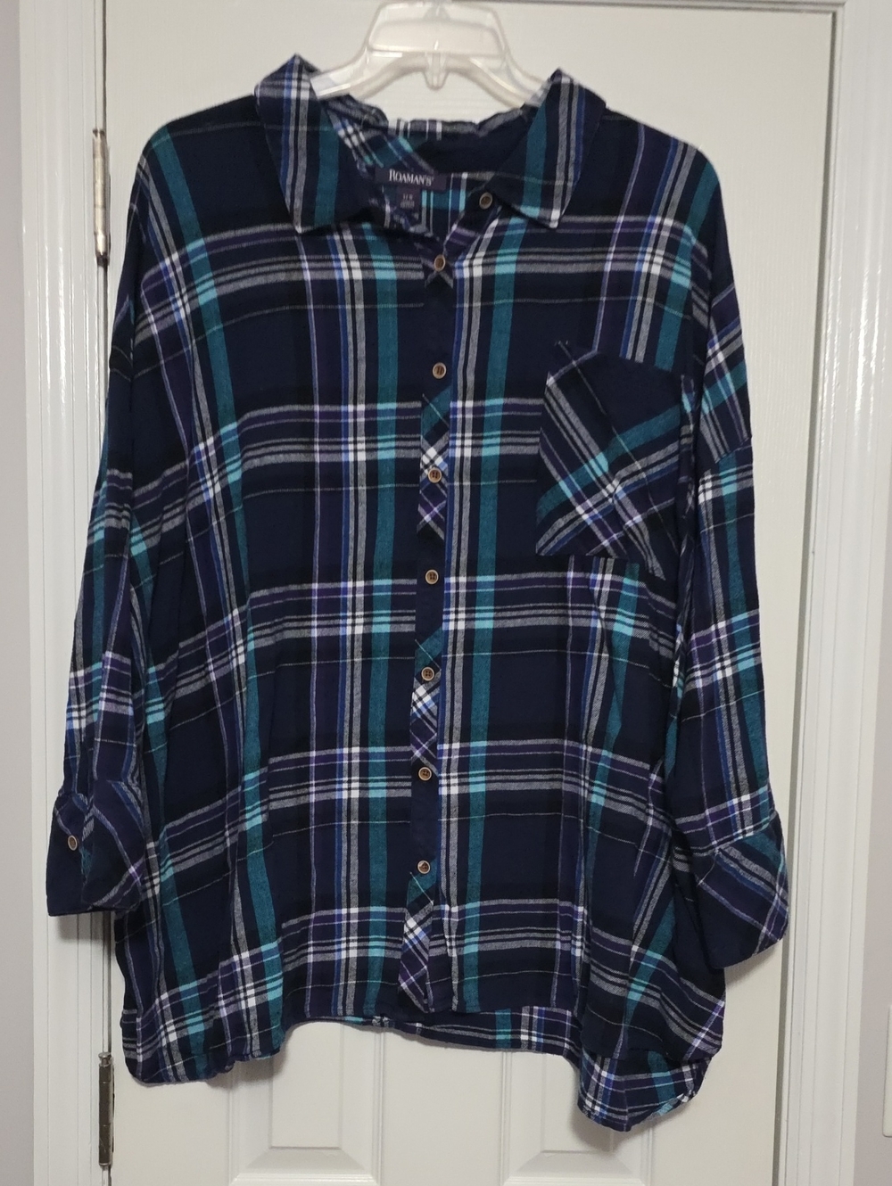 Roaman's Navy and Teal Plaid Button-Front Shirt